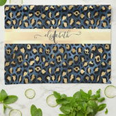 Leopardenmuster Blau Gold Monogramm Geschirrtuch (Gefaltet)