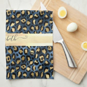 Leopardenmuster Blau Gold Monogramm Geschirrtuch (Viertel Falte)