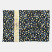 Leopardenmuster Blau Gold Monogramm Geschirrtuch (Horizontal)