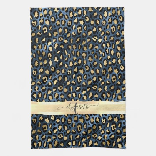 Leopardenmuster Blau Gold Monogramm Geschirrtuch (Vertikal)