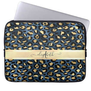 Leopardenmuster Blau Gold Monogramm  Laptopschutzhülle