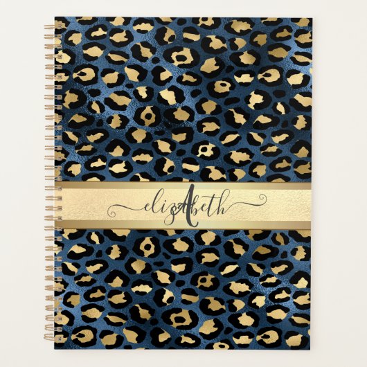 Leopardenmuster Blau Gold Monogramm Planer (Vorderseite)