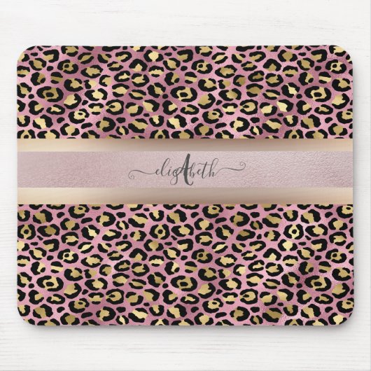 Leopardenmuster Monogramm Roségold Schwarz Mousepad (Vorne)