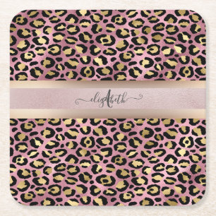 Leopardenmuster Monogramm Roségold Schwarz Rechteckiger Pappuntersetzer