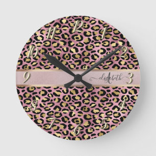 Leopardenmuster Monogramm Roségold Schwarz Runde Wanduhr