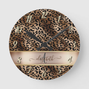 Leopardenmuster Schwarz Bronze Monogramm Runde Wanduhr