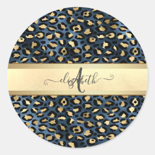 Leopardenmuster Schwarz Bronze Monogramm    Runder Aufkleber