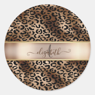 Leopardenmuster Schwarz Bronze Monogramm Runder Aufkleber