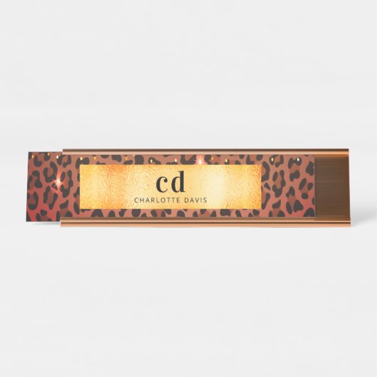 Leopardenmuster Schwarz-Gold-Monogramm Schreibtischnamensplakette (Vorderseite )