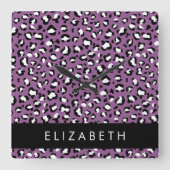 Leopardenmuster, Spots, Lila Leopard, Ihr Name Quadratische Wanduhr (Vorderseite)