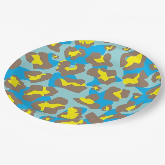 Leopardenprint in blau, braun und gelb pappteller (Schrägansicht)