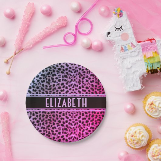 Leopardenspotdruck Personalisiert| Rosa Pappteller (Party)