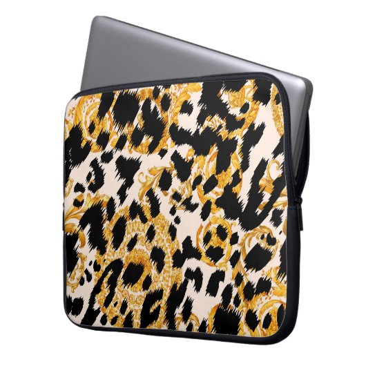 Leopardenstruktur: goldbarocke Muster. Laptopschutzhülle (Vorderseite Links)