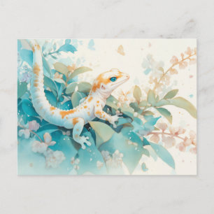 Leopardgecko mit orangem Fleck und tropischem Blat Postkarte