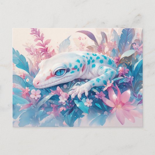 Leopardgecko mit Türkispunkt und Tropenblume Postkarte (Vorderseite)