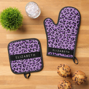 Leopardrucke, Spots, Lila Leopard, Ihr Name Ofenhandschuh & Topflappen-Set