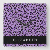 Leopardrucke, Spots, Lila Leopard, Ihr Name Quadratische Wanduhr (Vorderseite)