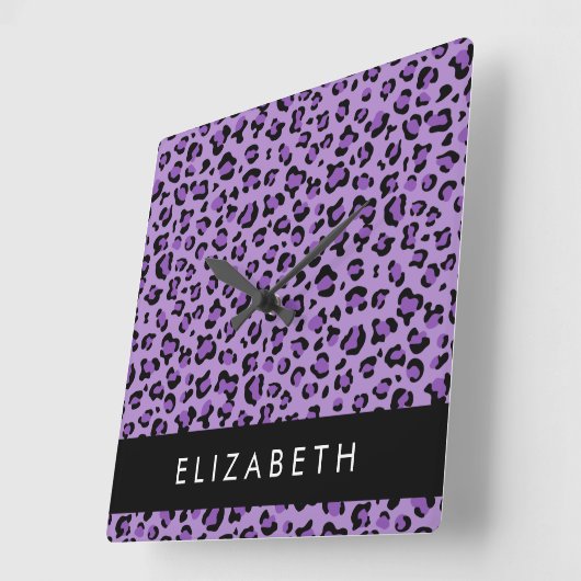 Leopardrucke, Spots, Lila Leopard, Ihr Name Quadratische Wanduhr (Winkel)