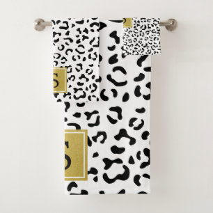 Leopardrucke, Spots, Schwarz/Weiß, Monogramm Badhandtuch Set