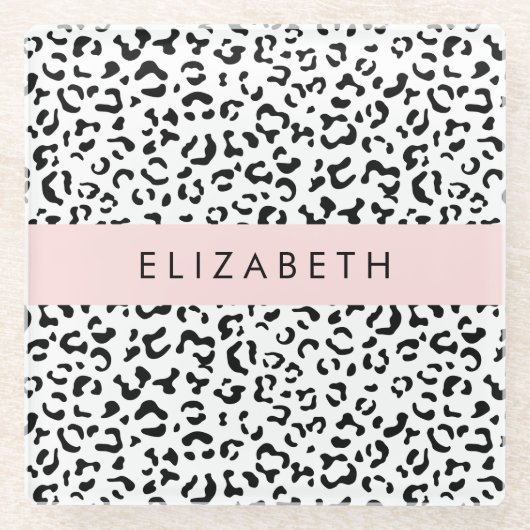 Leopardrucke, Spots, Schwarzweiß, Ihr Name Glasuntersetzer (Vorderseite)