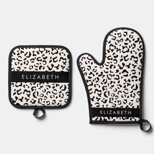 Leopardrucke, Spots, Schwarzweiß, Ihr Name Ofenhandschuh & Topflappen-Set (Vorderseite)