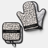 Leopardrucke, Spots, Schwarzweiß, Ihr Name Ofenhandschuh & Topflappen-Set (Vorderseite/Rückseite)