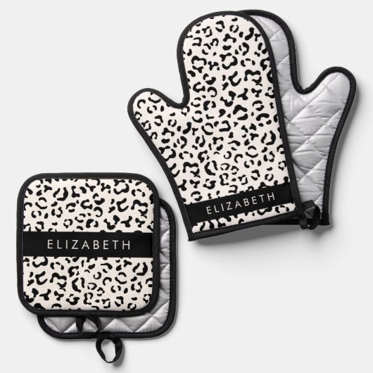 Leopardrucke, Spots, Schwarzweiß, Ihr Name Ofenhandschuh & Topflappen-Set (Vorderseite/Rückseite)