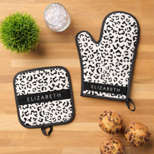 Leopardrucke, Spots, Schwarzweiß, Ihr Name Ofenhandschuh & Topflappen-Set