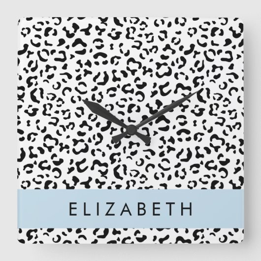 Leopardrucke, Spots, Schwarzweiß, Ihr Name Quadratische Wanduhr (Vorderseite)