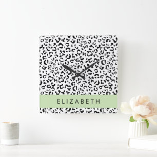 Leopardrucke, Spots, Schwarzweiß, Ihr Name Quadratische Wanduhr