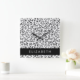 Leopardrucke, Spots, Schwarzweiß, Ihr Name Quadratische Wanduhr