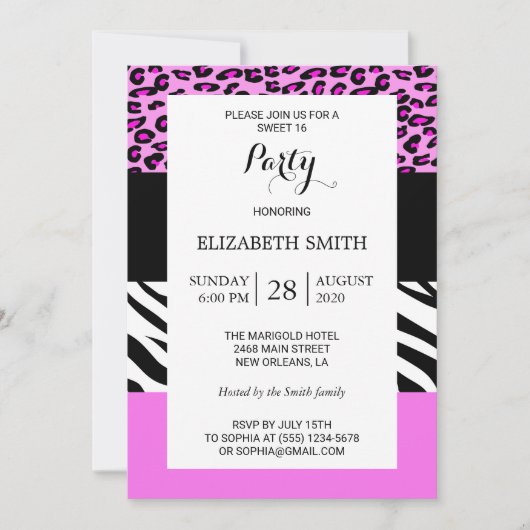 Leopardrucke, Zebra Print, Animal Print, Sweet 16 Einladung (Vorderseite)
