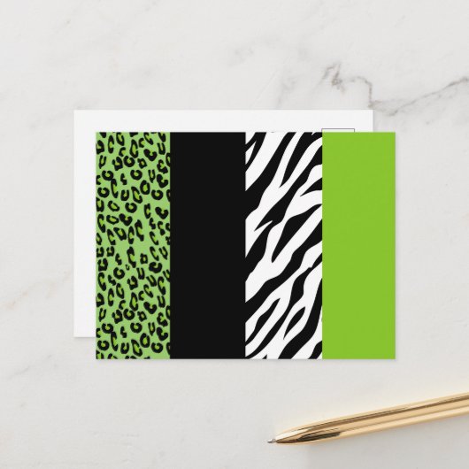 Leopardrucke, Zebra Print, Tierdruck, grün Postkarte (Vorderseite/Rückseite Beispiel)