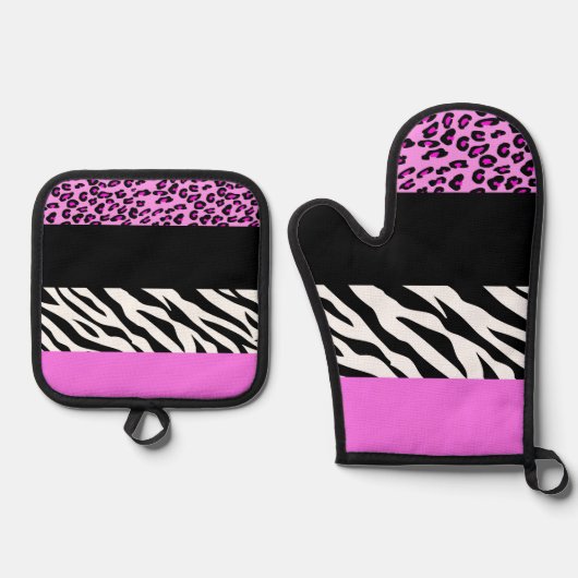 Leopardrucke, Zebra Print, Tierdruck, Rosa Ofenhandschuh & Topflappen-Set (Vorderseite)