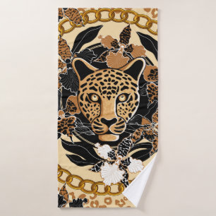 leopard's head surrounded by orchids, gold chain a badehandtuch