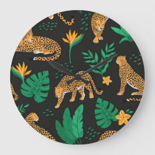 Leopards Tropische Blätter: Vintage Nahtlos. Große Wanduhr