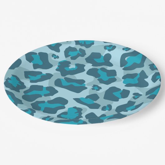 Leopardtierdruck in Blautönen Pappteller (Schrägansicht)