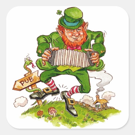 Leprechaun Dancing a Jig, Happy St. Patrick's Day Quadratischer Aufkleber (Vorderseite)