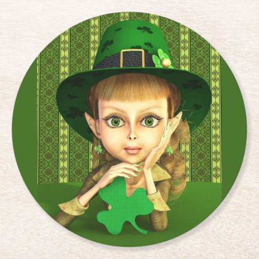 Leprechaun Girl St. Patrick's Day Paper Untersetze Runder Pappuntersetzer (Vorderseite)