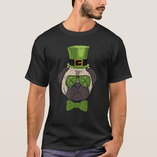 Leprechaun Hat Mops Kleeblatt Glasses St Patricks T-Shirt (Vorderseite)