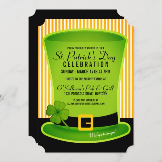 Leprechaun Hat St. Patricks Day Party Einladungen (Vorne/Hinten)