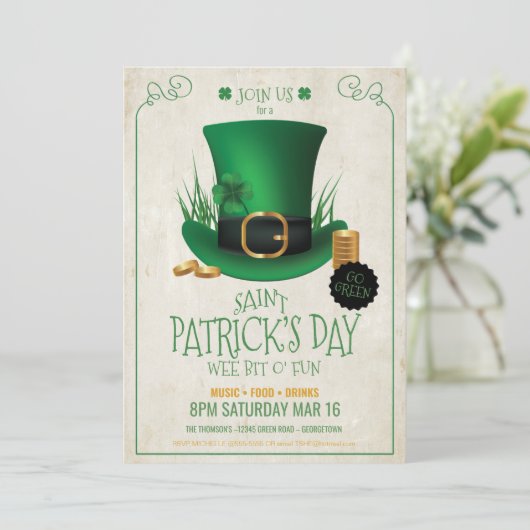 Leprechaun Hat St. Patrick's Day Party ID636 Einladung (Stehend Vorderseite)