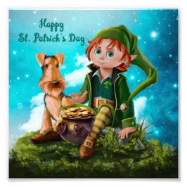 Leprechaun Junge, Irish Terrier und Topf aus Gold Fotodruck