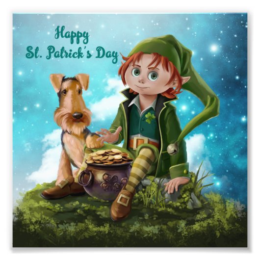 Leprechaun Junge, Irish Terrier und Topf aus Gold Fotodruck (Vorne)