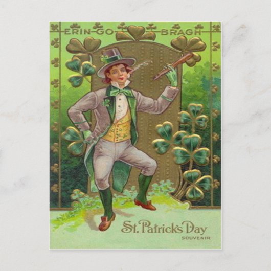Leprechaun Kleeblatt Shillelagh Clay Pipe Postkarte (Vorderseite)