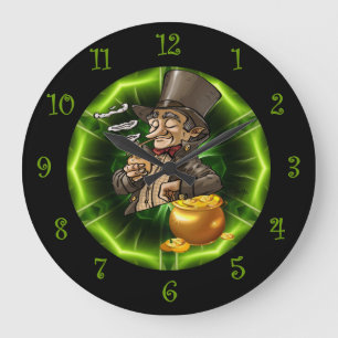 Leprechaun-Leaning auf Pot of Gold Große Wanduhr