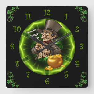Leprechaun-Leaning auf Pot of Gold Quadratische Wanduhr