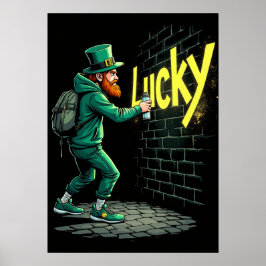 Leprechaun pfropft eine Wand mit dem Wort "Lucky" Poster