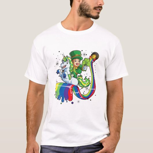 Leprechaun Riding Unicorn Irish Rainbow St Patrick T-Shirt (Vorderseite)