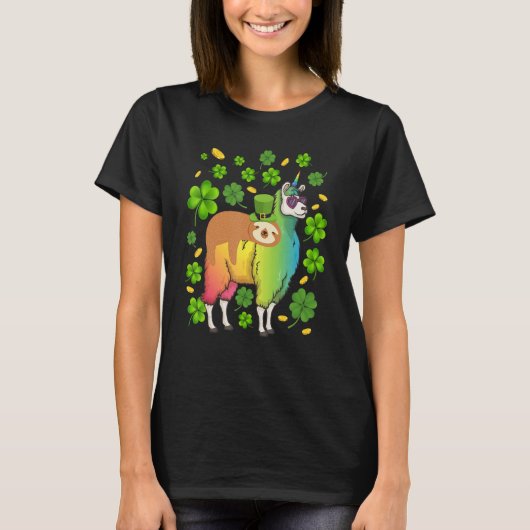 Leprechaun Sloth Riding Llama Unicorn St Patricks T-Shirt (Vorderseite)